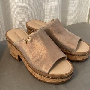 Karl Lagerfeld Paris Clarina Gold Metallic Leather Wedge Sandals Shoe New